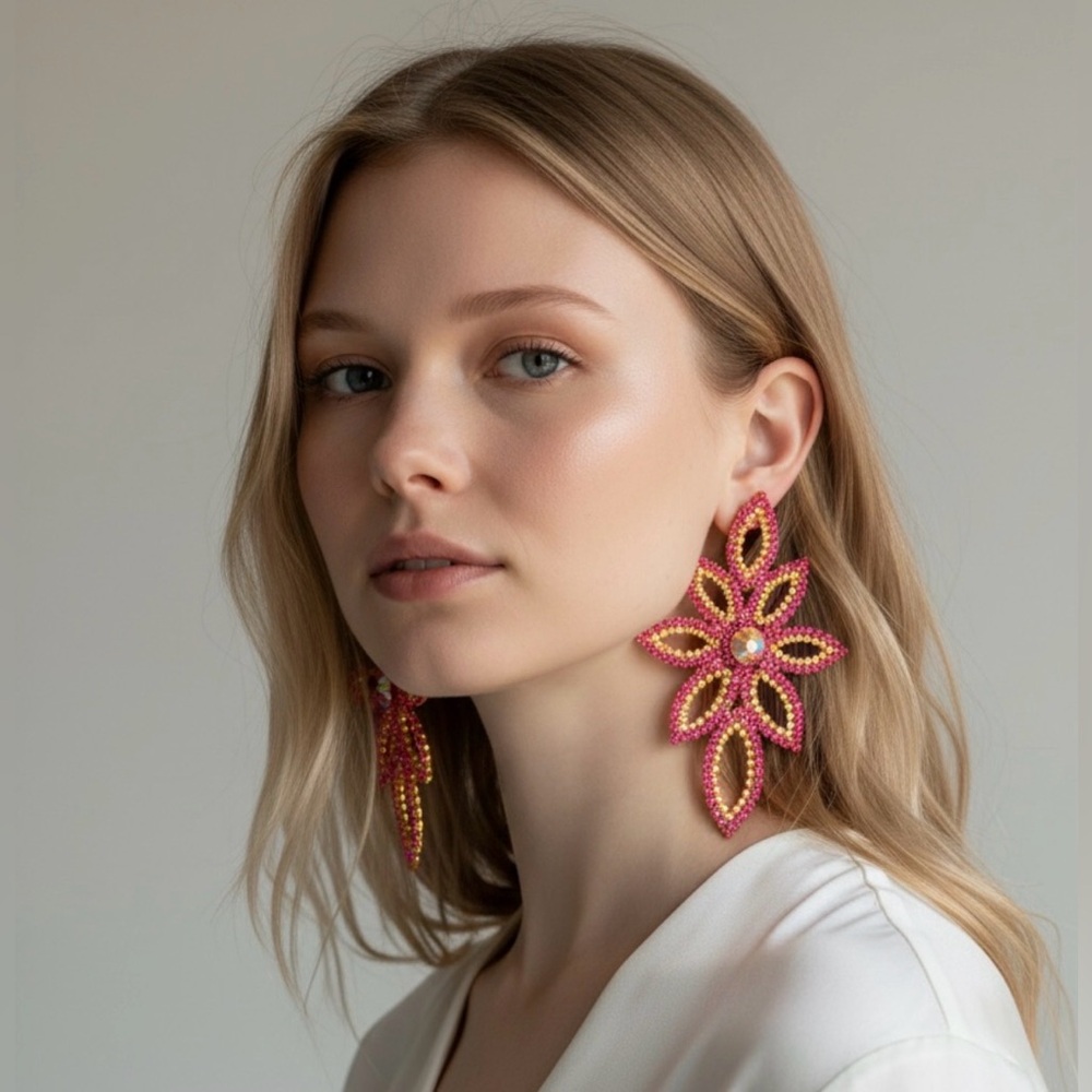 Natasha XL Bright pink Bead Gold-Tone Floral Dangle Stud Earrings